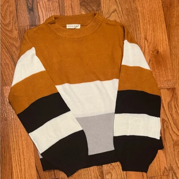 Anna-Kaci Color block Long Sleeve Pullover Sweater w/ Ribbed Cuffs Orange Medium - Picture 2 of 4